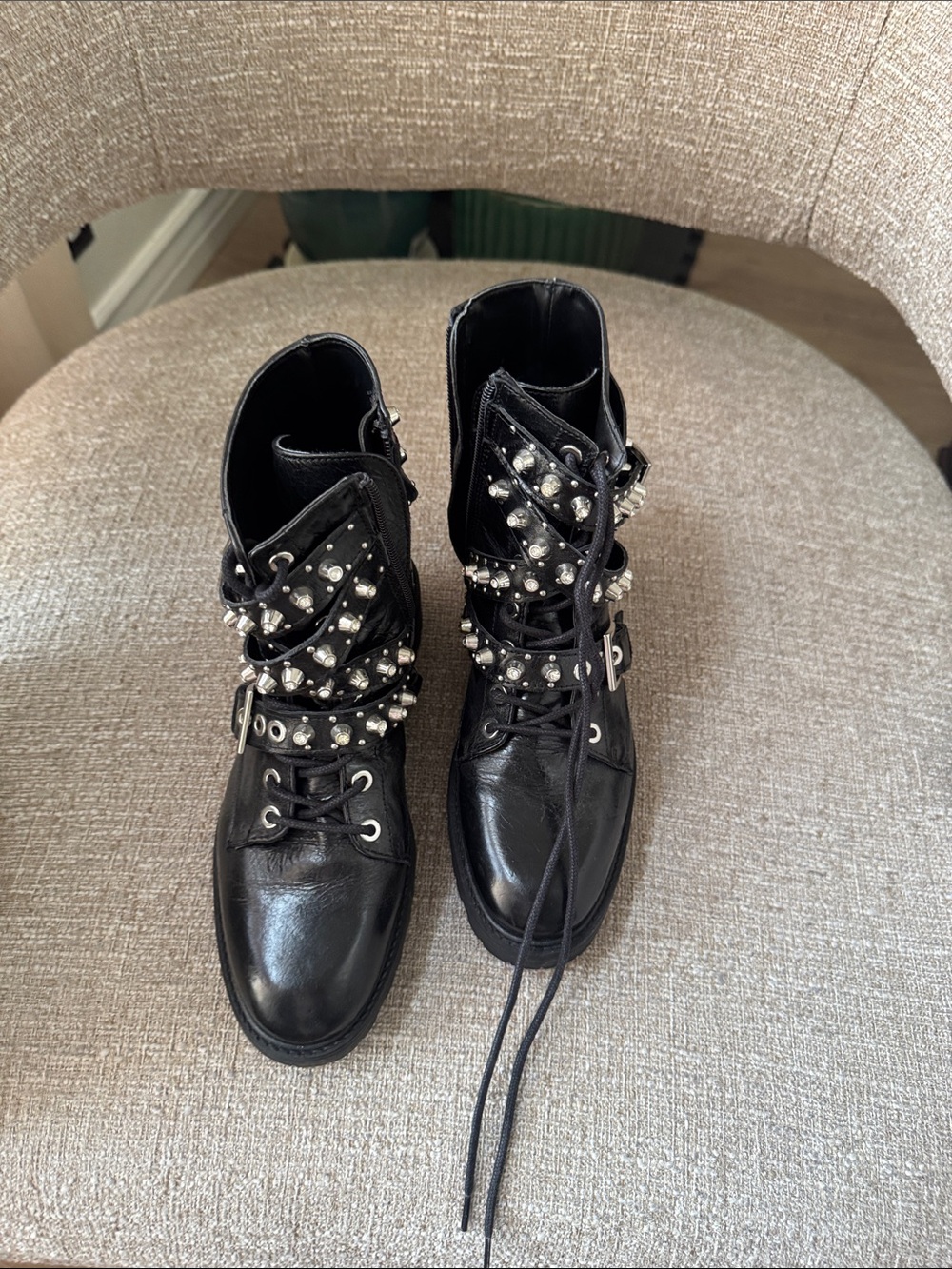 Zara Black Lace-Up Combat Boots with Stud and Pearl Straps